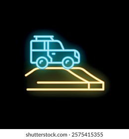 Neon illustration of an off road vehicle with roof rack parked on a ramp with sunset in the background