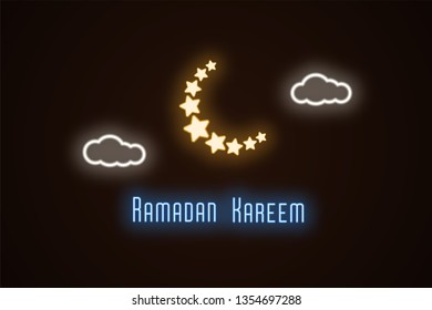 Neon illustration of Ramadan Kareem. Vector neon composition with glowing golden starry crescent moon, white clouds and blue holiday text. Holy Month for Muslims, festive background and banner