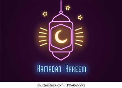 Neon illustration of Ramadan Kareem. Vector outlined neon composition with glowing golden crescent moon, pink lantern, rays of light, stars and blue holiday text. Holy Month for Muslims
