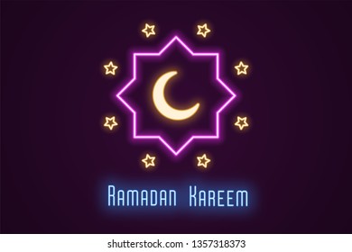 Neon illustration of Ramadan Kareem. Vector neon composition with glowing golden crescent moon in pink frame, stars and blue holiday text. Holy Month for Muslims, festive background and banner