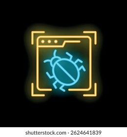 Neon illustration representing a website with a bug targeted in a frame on a black background
