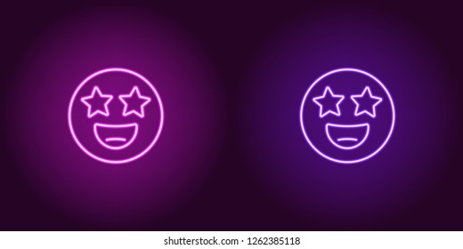 Neon illustration of star struck emoji. Vector icon of cartoon smiling emoji with star eyes in outline neon style, purple and violet colors. Glowing emoticon with backlight