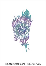Neon illustration with stylized feathers with doodle patterns.