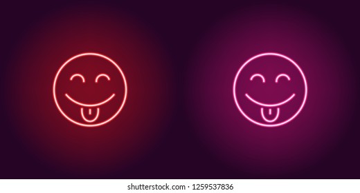 Neon illustration of teasing emoji. Vector icon of cartoon teasing emoji with tongue and narrowed eyes in outline neon style, red and pink colors. Glowing emoticon with backlight