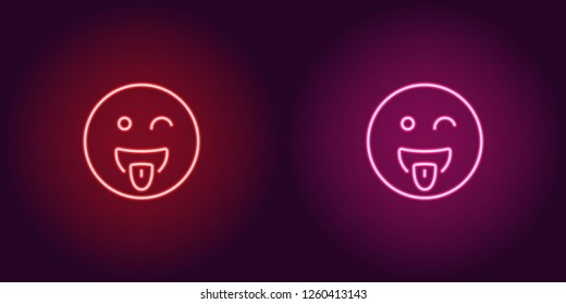 Neon illustration of teasing emoji. Vector icon of cartoon teasing emoji with tongue and squinting face in outline neon style, red and pink colors. Glowing emoticon with backlight