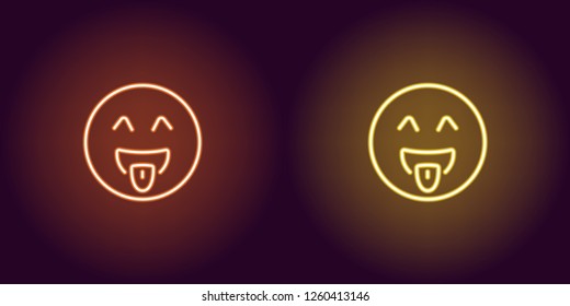 Neon illustration of teasing emoji. Vector icon of cartoon teasing emoji with tongue and winking eyes in outline neon style, orange and yellow colors. Glowing emoticon with backlight