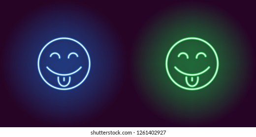 Neon illustration of teasing emoji. Vector icon of cartoon teasing emoji with tongue and narrowed eyes in outline neon style, blue and green colors. Glowing emoticon with backlight