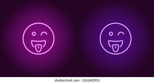 Neon illustration of teasing emoji. Vector icon of cartoon teasing emoji with tongue and squinting face in outline neon style, purple and violet colors. Glowing emoticon with backlight
