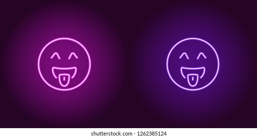 Neon illustration of teasing emoji. Vector icon of cartoon teasing emoji with tongue and winking eyes in outline neon style, purple and violet colors. Glowing emoticon with backlight