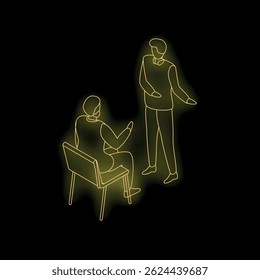 Neon illustration of two businessmen discussing a project, one sitting on a chair and gesturing while talking, the other standing and listening