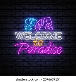 Neon illustration with welcome to paradise. Welcome to Paradise neon sign vector. Vector illustration design. Print, poster, banner