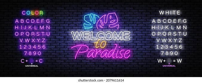 Neon illustration with welcome to paradise. Welcome to Paradise neon sign vector. Vector illustration design. Print, poster, banner. Editing text neon sign