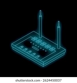 Neon illustration of a wifi router with its antennas glowing on a black background
