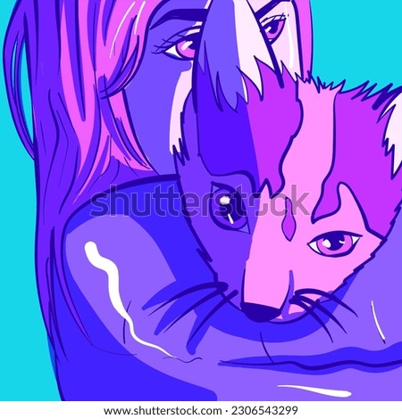 Neon illustration of a young woman holding a tabby cat in her arms. Pet and owner conceptual art.