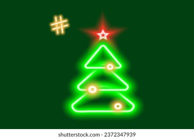 Neon image of a glowing Christmas tree with a hashtag sign. Marry Christmas and Happy New Year. Sign