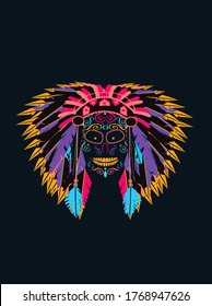 Neon Indian skull with feathers vivid colors vector background