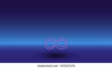 Neon infinity symbol on a gradient blue background. The isolated symbol is located in the bottom center. Gradient blue with light blue skyline