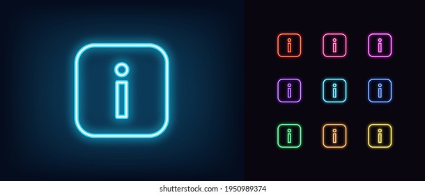 Neon info icon. Glowing neon information sign, outline inform silhouette in vivid colors. Online info center, help desk, information support service, reception. Vector icon set, sign, pictogram