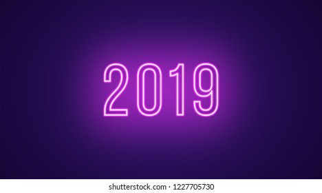 Neon inscription of 2019. Vector illustration, neon Text of 2019 with glowing backlight in purple color. Isolated graphic element on the dark blue background for design