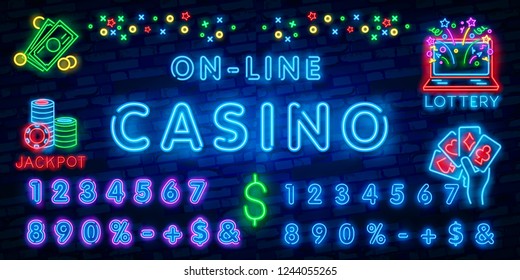 Neon inscription of Casino Online. Vector illustration, neon Text of Casino Online with glowing backlight, Blue and Green colors. Isolated graphic element on the dark background for design