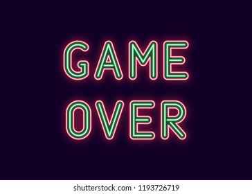 Neon inscription of Game Over. Vector illustration, neon Text of Game Over with glowing backlight, Red and Green colors. Isolated graphic element on the dark background for design