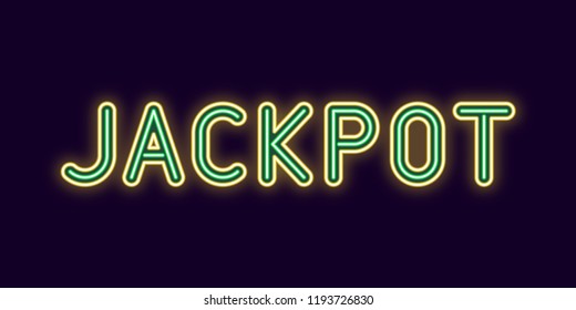 Neon inscription of Jackpot. Vector illustration, neon Text of Jackpot with glowing backlight, Yellow and Green colors. Isolated graphic element on the dark background for design