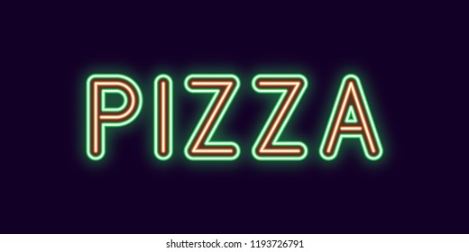 Neon inscription of Pizza. Vector illustration, neon Text of Pizza with glowing backlight, Green and Orange colors. Isolated graphic element on the dark background for design