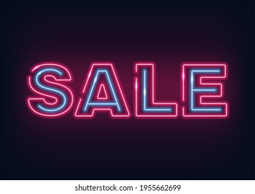 Neon inscription - sale. Neon sign. Glowing lines on a dark background.