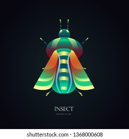 Neon insect on a dark background. Abstract bug. Luminous insect design, green colour.