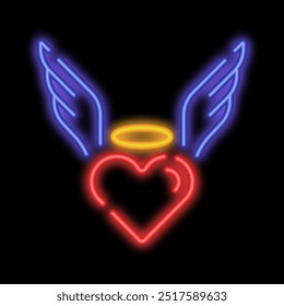 Neon Inspiriertes Herz des Menschen in der Liebe. Herzsymbol mit Flügeln und Halo. Valentinstag, 14. Februar. Leuchtendes Neonsymbol einzeln auf schwarzem Hintergrund