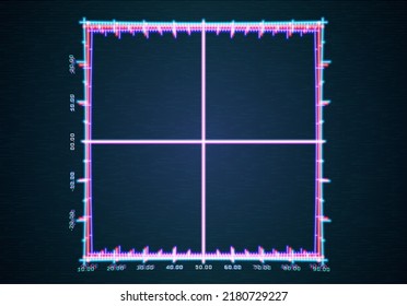 Neon interface background with grid and ruler. Abstract technology frame in 80s retro computer style