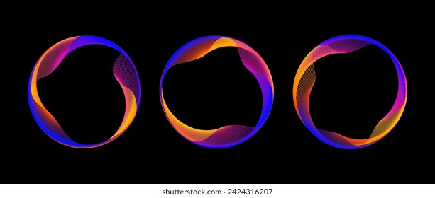 Neon iridescent blend circle line set. Shimmering glowing round tech frame collection. Curved wavy circles on black background. Bright gradient circular border pack. Vector design element bundle