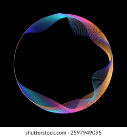 Neon iridescent blend line circle frame. Bright spinning circular border. Abstract rainbow color circle with colorful waves isolated on black background with copy space.