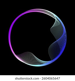 Neon iridescent blend line circle frame flowing in round curve shape. Digital technology concept wavy dynamic lines isolated on black background with c copy space. Vector illustration
