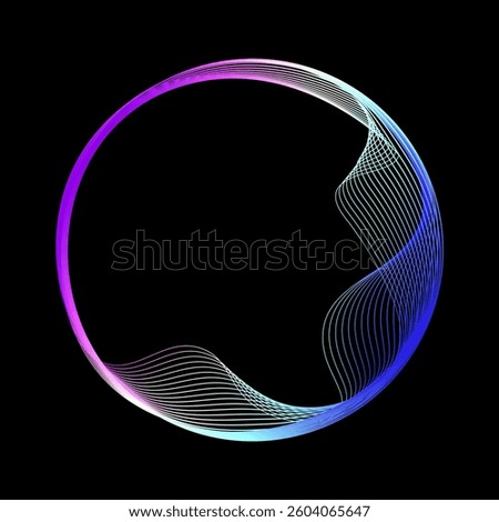 Neon iridescent blend line circle frame flowing in round curve shape. Digital technology concept wavy dynamic lines isolated on black background with c copy space. Vector illustration