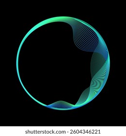 Neon iridescent circle linear frame flowing in circular shape. Glowing neon color round curve with wavy dynamic lines isolated on black background with copy space. Vector design element

