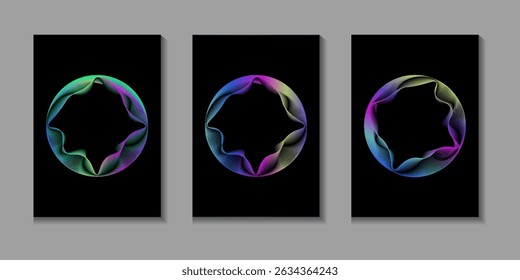 Neon iridescent gradient dotted circle set. Colorful glowing round tech frame collection. Curved wave dot line circles on black background. Bright spinning circular border pack. Eps10