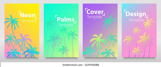 Neon iridescent gradient palms background with frame for your text. Glitch sets. Beauty bright neon colours template, cards, brochures, flyers.