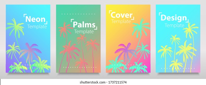 Neon iridescent gradient palms background with frame for your text. Glitch sets. Fluorescent bright neon colours card, template concept. Light art print.
