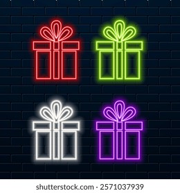 Neon Isolated Realistic Vector of Gift Logo for Decoration on Wall Background. Christmas gift, bonus or reward concept.