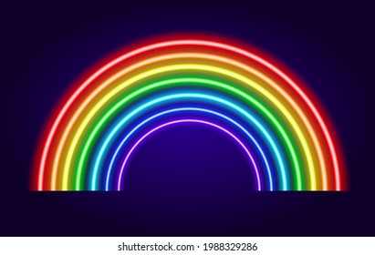 neon isolated sign of a seven-color RAINBOW on a dark blue background. a glow-in-the-dark neon line in a semicircle of different colors. The concept of rainbow love.