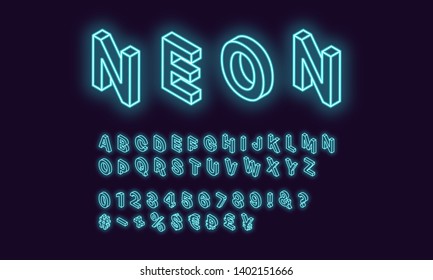 Neon isometric alphabet, Azure color. Neon outlined Font with set of isometric glowing letters, numbers, currency and different signs and symbols. Vector 3d typeface for typography design