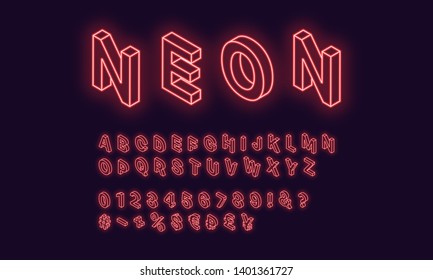 Neon isometric alphabet, Red color. Neon outlined Font with set of isometric glowing letters, numbers, currency and different signs and symbols. Vector 3d typeface for typography design