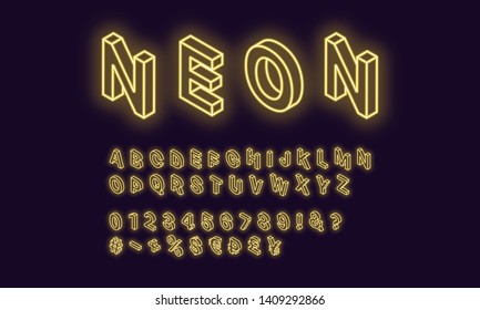 Neon isometric alphabet, Yellow color. Neon outlined Font with set of isometric glowing letters, numbers, currency and different signs and symbols. Vector 3d typeface for typography design