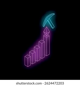Neon isometric cryptocurrency mining pickaxe hitting increasing graph showing growth potential and financial success