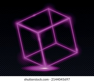 Neon isometric cube. Geometric objects for website design. Night club and modern style. Purple figures and abstract image. Realistic vector illustration isolated on black transparent background