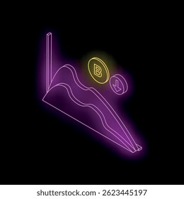 Neon isometric decreasing chart with a cryptocurrency coin and down arrow representing a bearish market