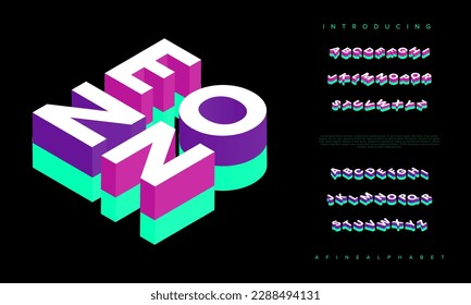 Neon isometric font display typeface. Typography a to z minimal design. vector illustration of word