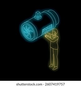 Neon isometric icon of an engineer presenting a turbojet engine using augmented reality technology