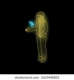 Neon isometric illustration of a businessman wearing virtual reality headset using wireless internet connection - Powered by Shutterstock - Get 15% off with code: PIKWIZARD15